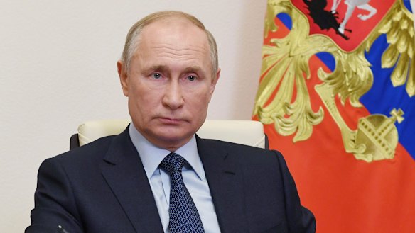 Russian President Vladimir Putin attends a ceremony to launch a new pharmaceutical plant via video conference at the Novo-Ogaryovo residence outside Moscow, Russia.