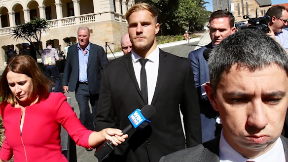 Stirring up public opinion: Jack de Belin leaves court in Wollongong. 