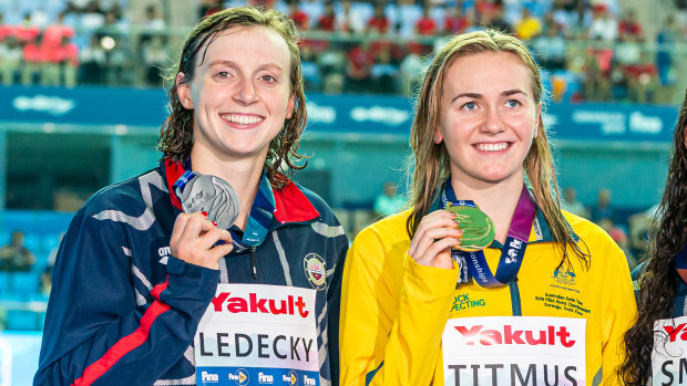 Ariarne Titmus, right, beat Katie Ledecky at the world championships in South Korea last year, but says she will need to be much faster to win Olympic gold.