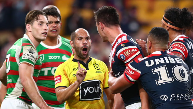 Roosters centre Joseph Manu confronts South Sydney’s Latrell Mitchell after the hit that broke his cheekbone in 2021.