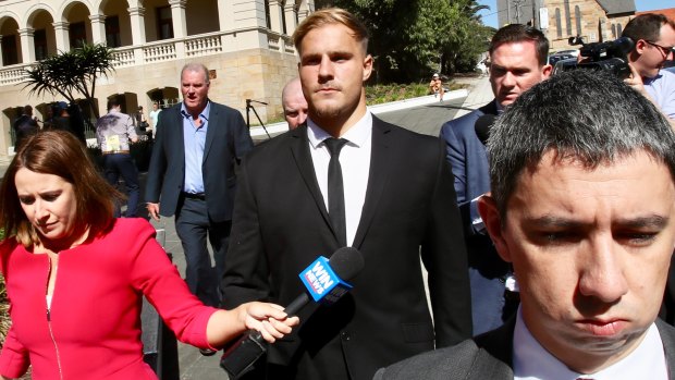 Stirring up public opinion: Jack de Belin leaves court in Wollongong. 