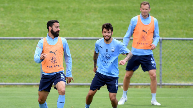 Return: Sydney FC players Alex Brosque and Daniel De Silva at training.