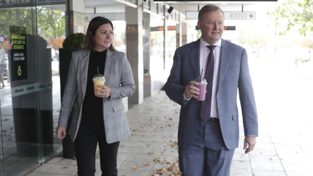Opposition Leader Anthony Albanese and Mayor of Bega Kristy McBain during a visit to Queanbeyan after McBain announced she would be nominating for pre-selection for the seat of Eden-Monaro.