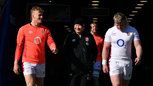 Louis Lynagh, Eddie Jones and Sydney-raised hooker Nic Dolly before England’s match against France in 2022.