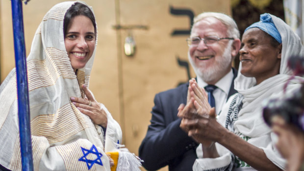 Israeli Justice Minister Ayelet Shaked receives traditional clothes from members of Ethiopia's Jewish community.
