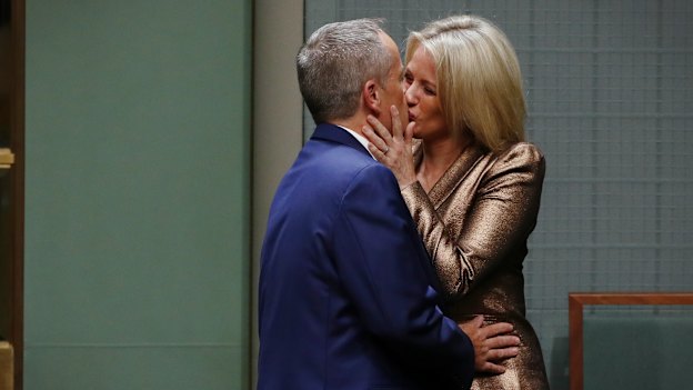 Chloe congratulates her husband following his Budget reply speech at Parliament House in 2017. 