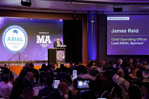 MA Services Group’s James Reid speaks at the 2025 ASIAL awards night.