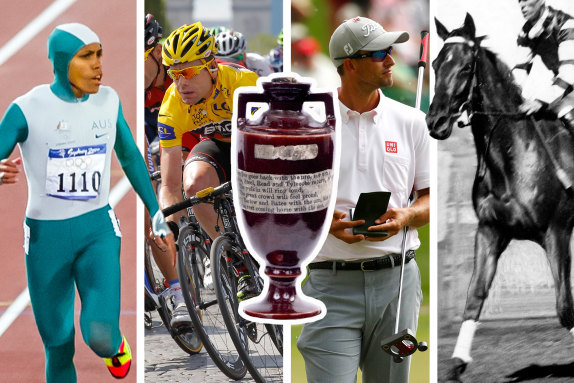 Worth a motza: Cathy Freeman’s bodysuit, Cadel Evans’ bike, the Ashes urn, Adam Scott’s broomstick putter and Pharlap.