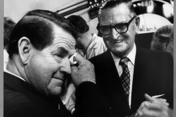 A tearful Ron Casey with former panel member Bruce Andrew during the last World of Sport show in 1987.