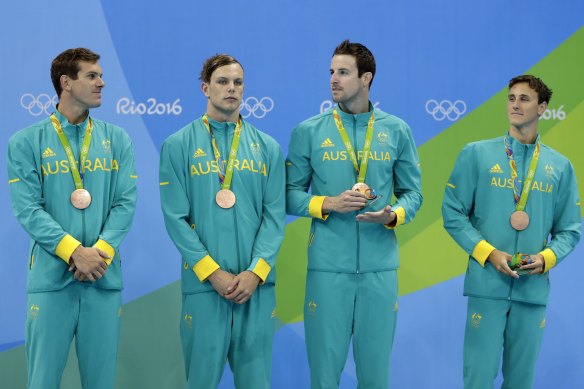 From left, Australia's bronze medal winners at Rio: James Roberts, Kyle Chalmers, James Magnussen and Cameron McEvoy.