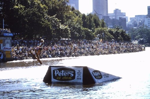 Moomba Masters jumps competition, looking towards Melbourne CBD, 1970s.