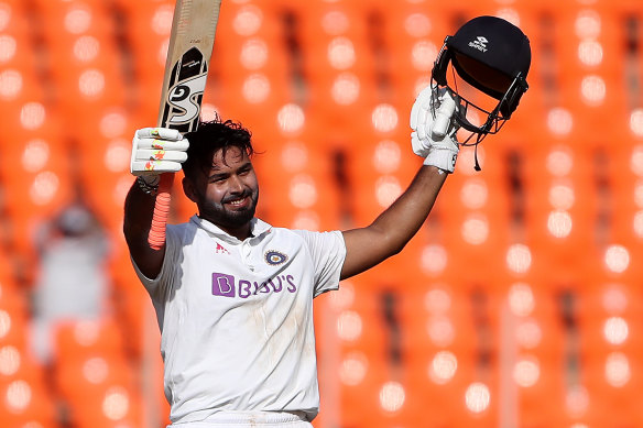 Rishabh Pant celebrates his century, which put India in control in the final Test against England.