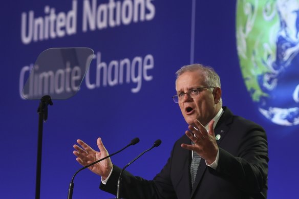 Prime Minister Scott Morrison delivers Australia’s statement to the 2021 United Nations Climate Change Conference (COP26) in Glasgow on Monday.