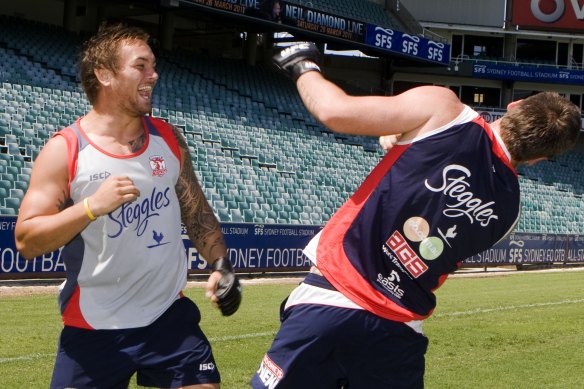 A young Jared Waerea-Hargreaves mucking around with Shaun Kenny-Dowall in 2011.