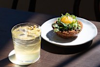 Pear tart and house made jasmine iced tea at Jinius, Dawes Point. 