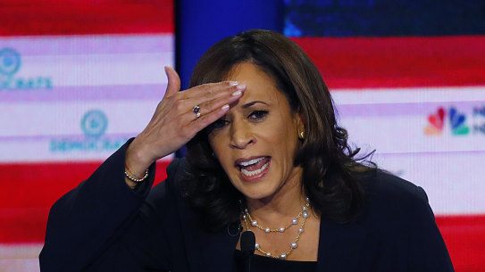 Democratic presidential candidate and California Senator Kamala Harris gestures during day two of the Democratic primary debate hosted by NBC News.