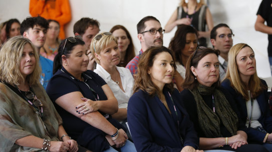 Deputy State Coroner Harriet Grahame (front row second), and Jennie Ross-King (second row, third from left) at the pill testing explanation session at Splendour in the Grass music festival.