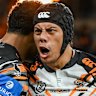 Jarome Luai celebrates during the win over the Bulldogs.