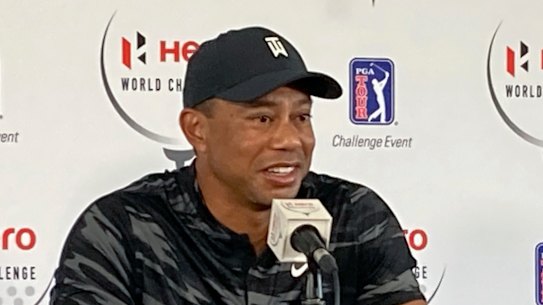 Tiger Woods at his first press conference since his car crash in February.