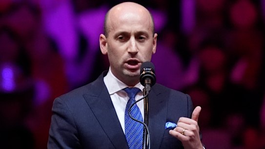 Stephen Miller speaks before Republican presidential nominee former President Donald Trump at a campaign rally at Madison Square Garden in New York.