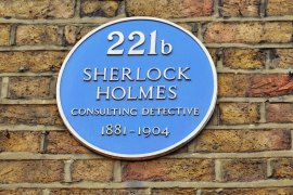 One of London’s famous  blue plaques on the building where the fictional Sherlock Holmes lived in Sir Arthur Conan Doyle’s books.