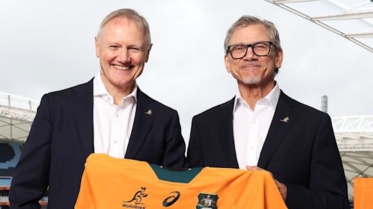 Joe Schmidt and Les Kiss, the current and future Wallabies coaches.