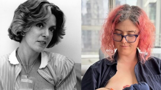 Left: Maggie Kirkman in 1988, feeding Australia’s first IVF surrogate baby, Alice, via a tube from a packet of breast milk hanging around her neck. The aim was to stimulate lactation. Right: decades later, Alice went through induced lactation herself to feed her and her wife Karma’s baby, Artemis.