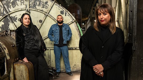 Artists Marian Abboud and Dennis Golding with Biennale of Sydney guest artistic director, Hoor Al Qasimi. 