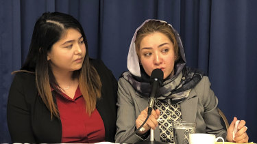 Mihrigul Tursun, right, a member of China’s Uighur minority, detailed the torture and abuse she suffered at the hands Chinese authorities at the National Press Club in Washington on Monday.