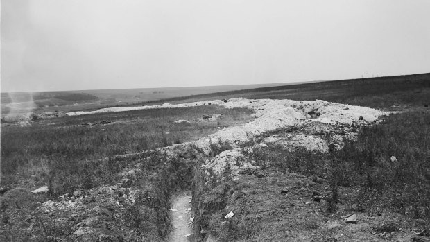 A view of Pear Trench and the slope over which the Australians and Americans advanced on the morning of 4 July 1918, in the battle of Hamel. 