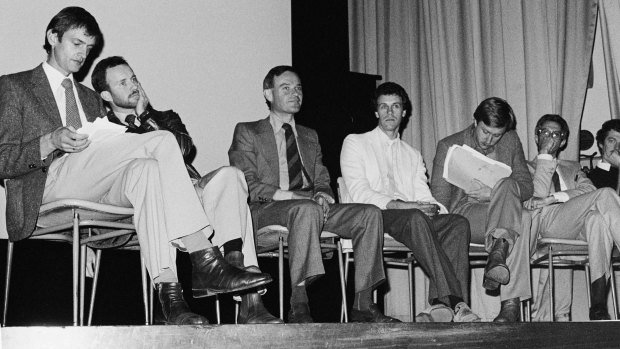 A public meeting about AIDS for the gay community in Melbourne Dental Hospital Auditorium, July 1983. David Bradford can be seen on the far left.