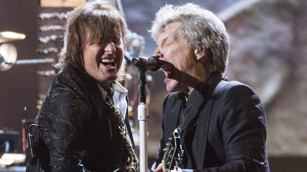 Richie Sambora and Jon Bon Jovi at the 2018 Rock and Roll Hall of Fame induction ceremony at Cleveland Public Auditorium on Saturday.