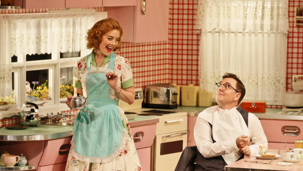 Nikki Shiels and Toby Truslove on stage in Home, I'm Darling for the MTC.
