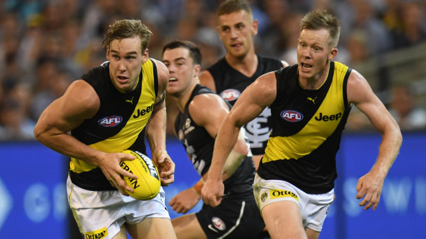 Dynamic duo: Tom Lynch and Jack Riewoldt in action up forward for the Tigers.