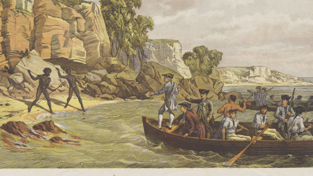 A lithograph depicting the arrival of the Endeavour, titled Captain Cook's Landing at Botany, AD 1770.