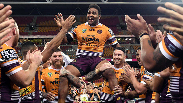 Champion: Sam Thaiday is chaired off after his last regular-season NRL match in the victory over Manly.