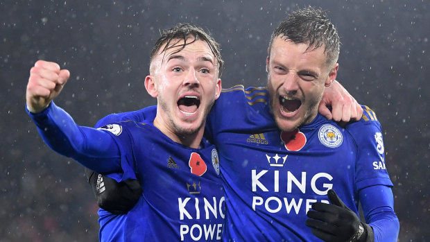 James Maddison and Jamie Vardy enjoy Leicester City's victory over Arsenal FC at The King Power Stadium.