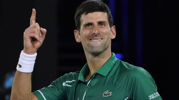 Seven-time winner Djokovic celebrates getting through to another Australian Open final.