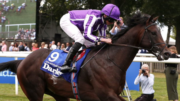 Ten Sovereigns and Ryan Moore on their way to victory in the July Cup.