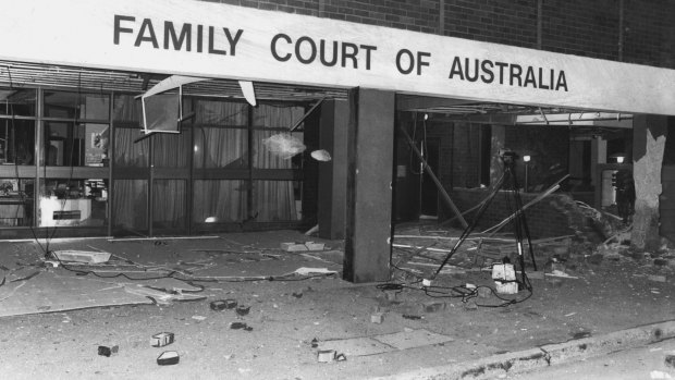 "After the bomb last night... the foyer of the Family Court littered with debris." April 15, 1984