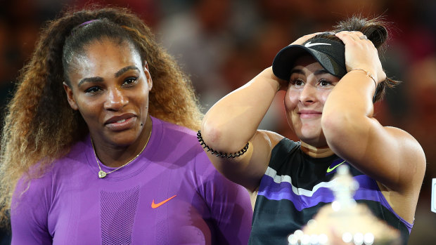 Andreescu reacts while being interviewed alongside Williams.