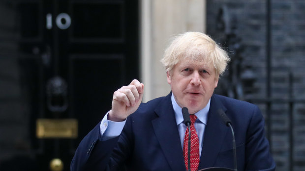 Prime Minister Boris Johnson outside Downing Street on his first day back since contracting coronavirus.