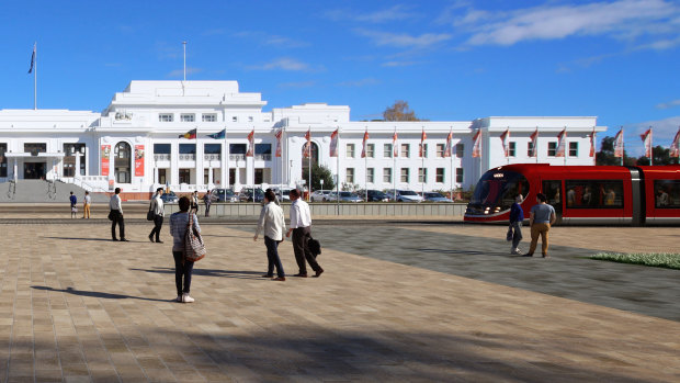 An artists's impression of the tram in front of Old Parliament House. The ACT government's vision may not materialise if the National Capital Authority and federal parliament decide light rail will negatively impact the Parliamentary Zone. 