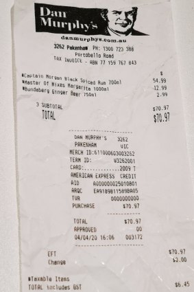Receipt for a bottle of rum provided by Prasannan Ponganamparambile.