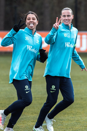 Sam Kerr (left) and Emily van Egmond at Matildas training in Germany