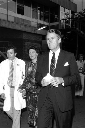 Australian Prime Minister Malcolm Fraser and his wife Tammy Fraser visit victims of the Hilton Bombing at Sydney Hospital 