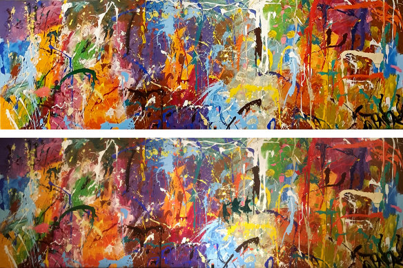 Views of JonOne’s Untitled before (top) and after it was vandalized (bottom). The extra brush strokes are hard to spot. 
