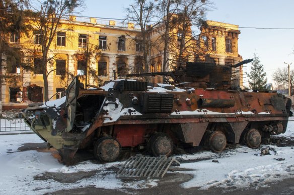 A destroyed armoured personnel carrier in Kharkiv, Ukraine. 