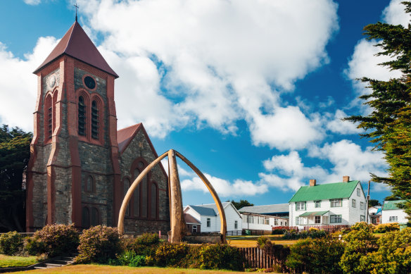 Christ Church Cathedral in Stanley and its striking entrance. 