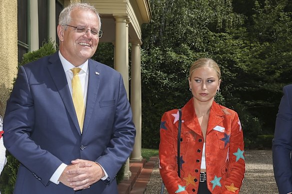 Then-prime minister Scott Morrison and 2021 Australian of the Year Grace Tame during the Australian of the Year awards morning tea at The Lodge .